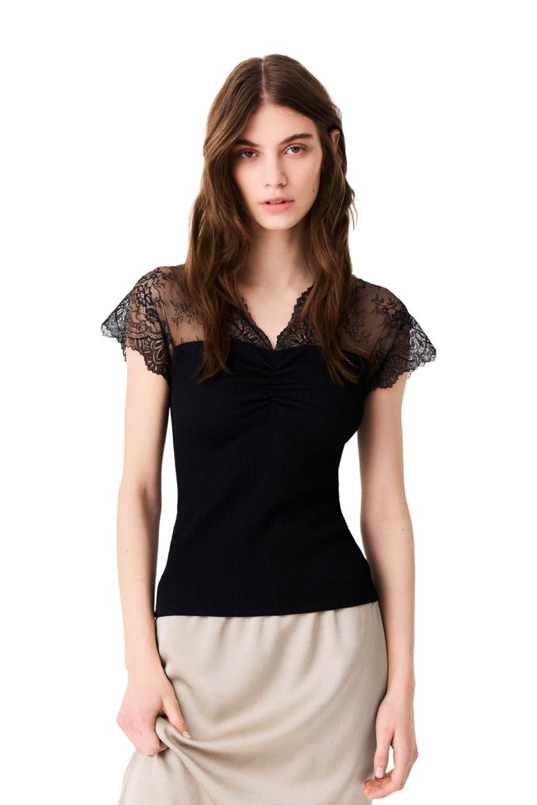 Jersey top with lace trim, Main, color, Black