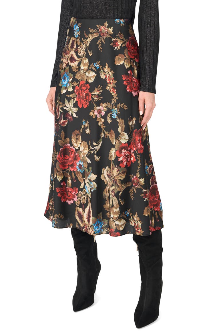 Floral Pull On Midi Skirt, Main, color, RICH BLACK 060