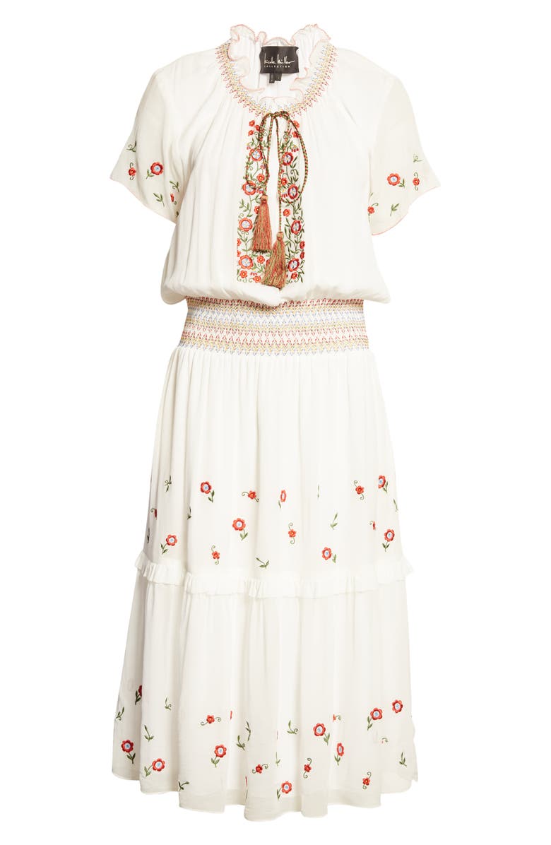 Nicole Miller Embroidered Silk Midi Dress, Alternate, color,