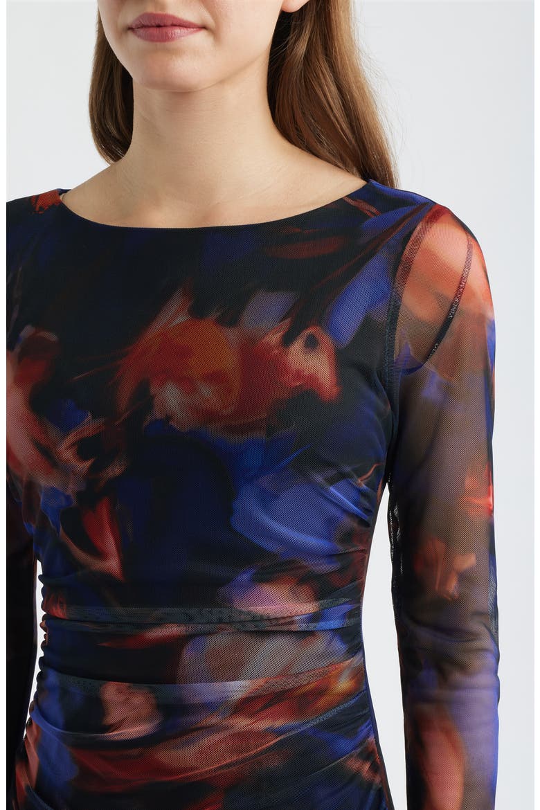 Printed Long Sleeve Mesh Midi Cocktail Dress, Alternate, color, BLUE/ BLACK/ RED