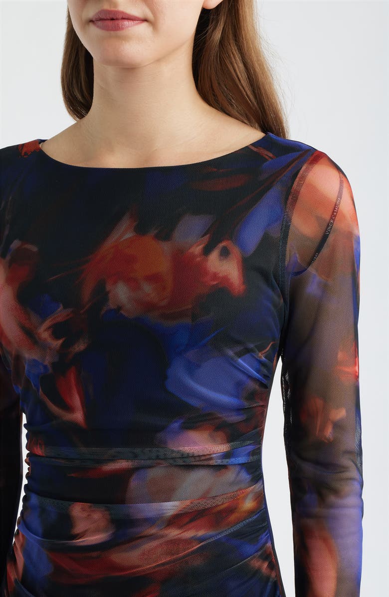 Vince Camuto Printed Long Sleeve Mesh Midi Cocktail Dress, Alternate, color, Blue/ Black/ Red