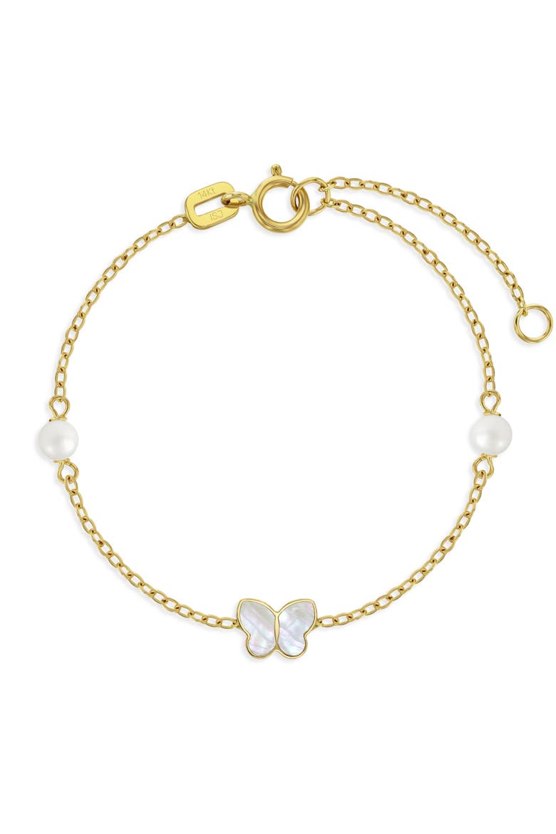 14k Mother of Pearl Butterfly Girls Bracelet, Main, color, White