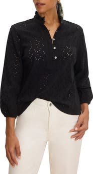 NIC+ZOE Eyelet Embroidered Ruffle Trim Cotton Top