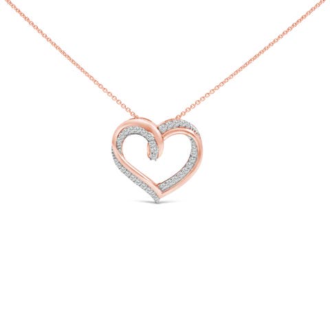 14K Rose Gold Plated Sterling Silver 1/2 Cttw Diamond Open Heart Pendant Necklace