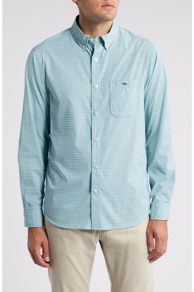 On-The-Go Check Performance Nylon Blend Button-Down Shirt, Main, color, IRIS CHECK