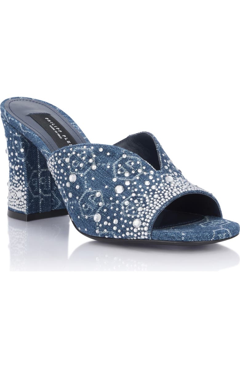 PHILIPP PLEIN Denim Mid Heels Platform Sandals Monogram Strass Women, Main, color, Lightblue