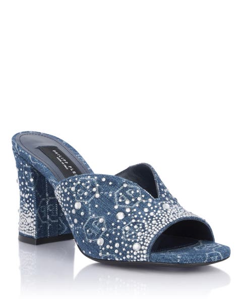 Denim Mid Heels Platform Sandals Monogram Strass Women