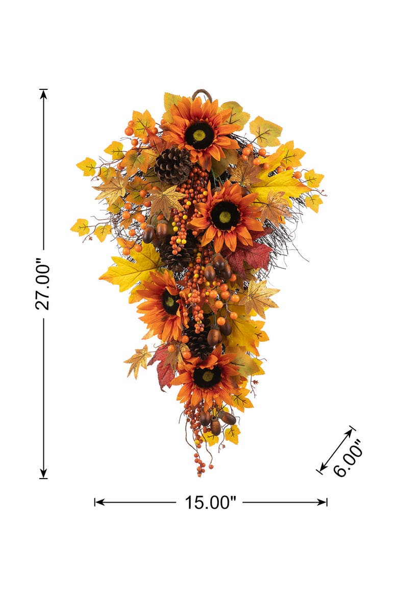 27"H Fall Sunflower Maple Leaf and Berry Teardrop, Alternate, color, Orange