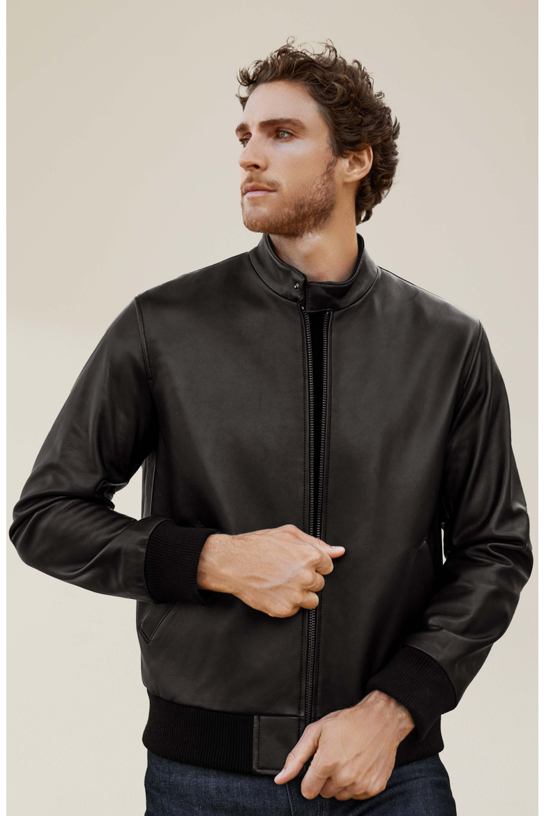 Chase Lambskin Leather Bomber Jacket, Main, color, Black