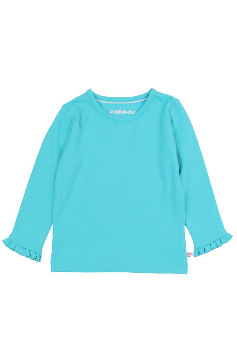 RuffleButts Knit Long Sleeve Ruffle Layering Tee, Main, color, Bright Aqua