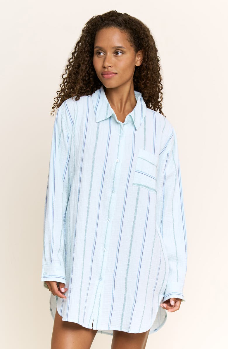 Honeydew Long Weekend Cotton Shirtdress Nightgown, Alternate, color, Aqua Southwest Stripe