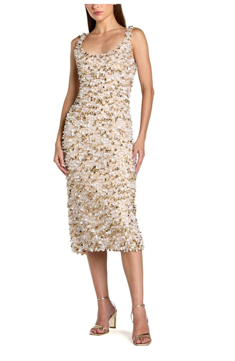 Mac Duggal Sleeveless Mesh Paillette Beaded Fitted Midi Dress, Main, color, Oyster