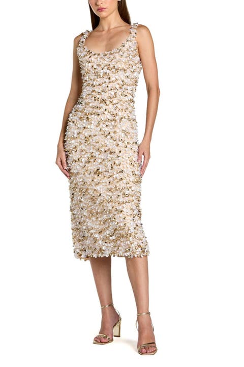 Sleeveless Mesh Paillette Beaded Fitted Midi Dress