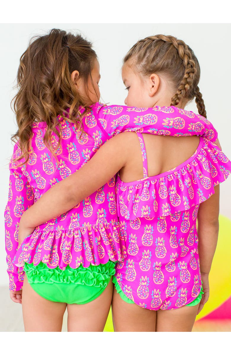 RuffleButts Girls UPF50+ Sun Protection One Shoulder Ruffle One Piece, Alternate, color, Neon Violet Pineapples