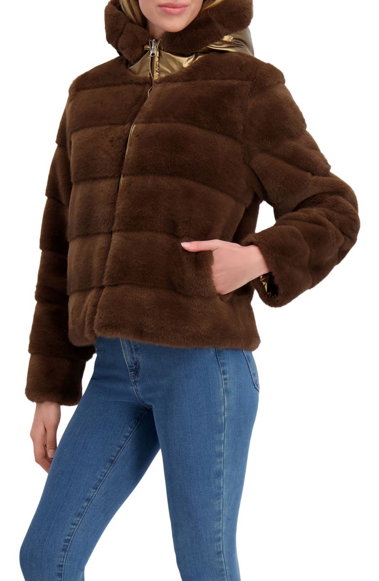 Lyla Grant Fur-Free Mink (Faux Fur) Reversible Parka, Alternate, color, Brown/Gold Metallic