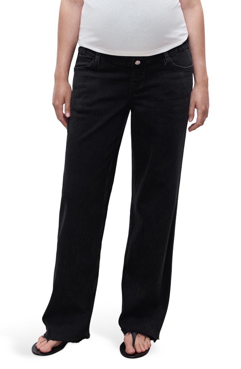 MANGO Over the Bump Raw Hem Wide Leg Maternity Jeans, Main, color, Black Denim