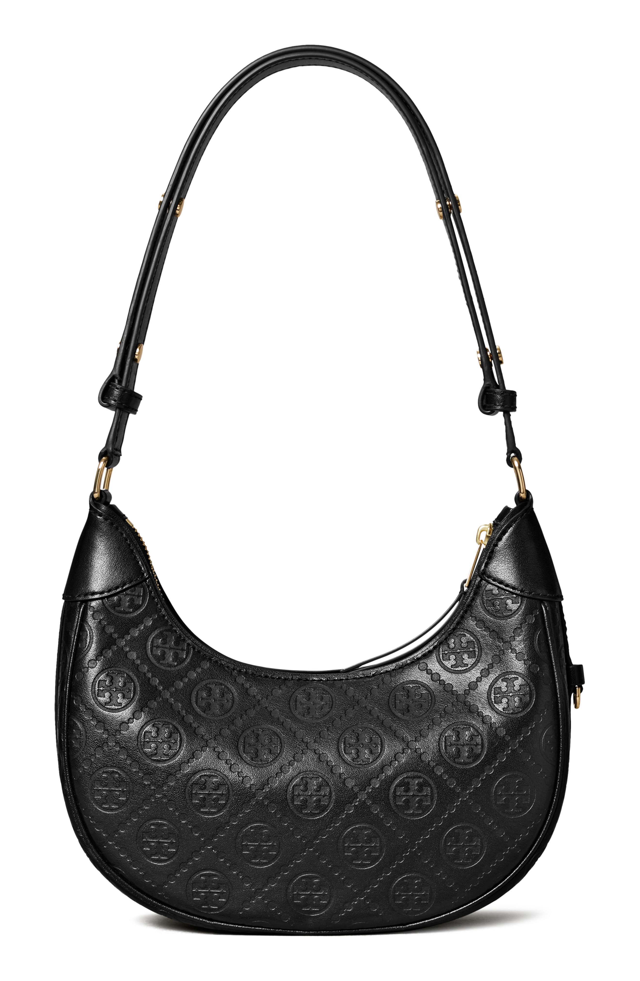 Tory Burch T-Monogram Embossed Crescent Shoulder Bag, Alternate, color, Black