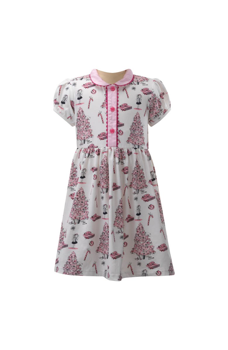Rachel Riley Eloise Christmas Tree Button-Front Dress, Main, color, Pink