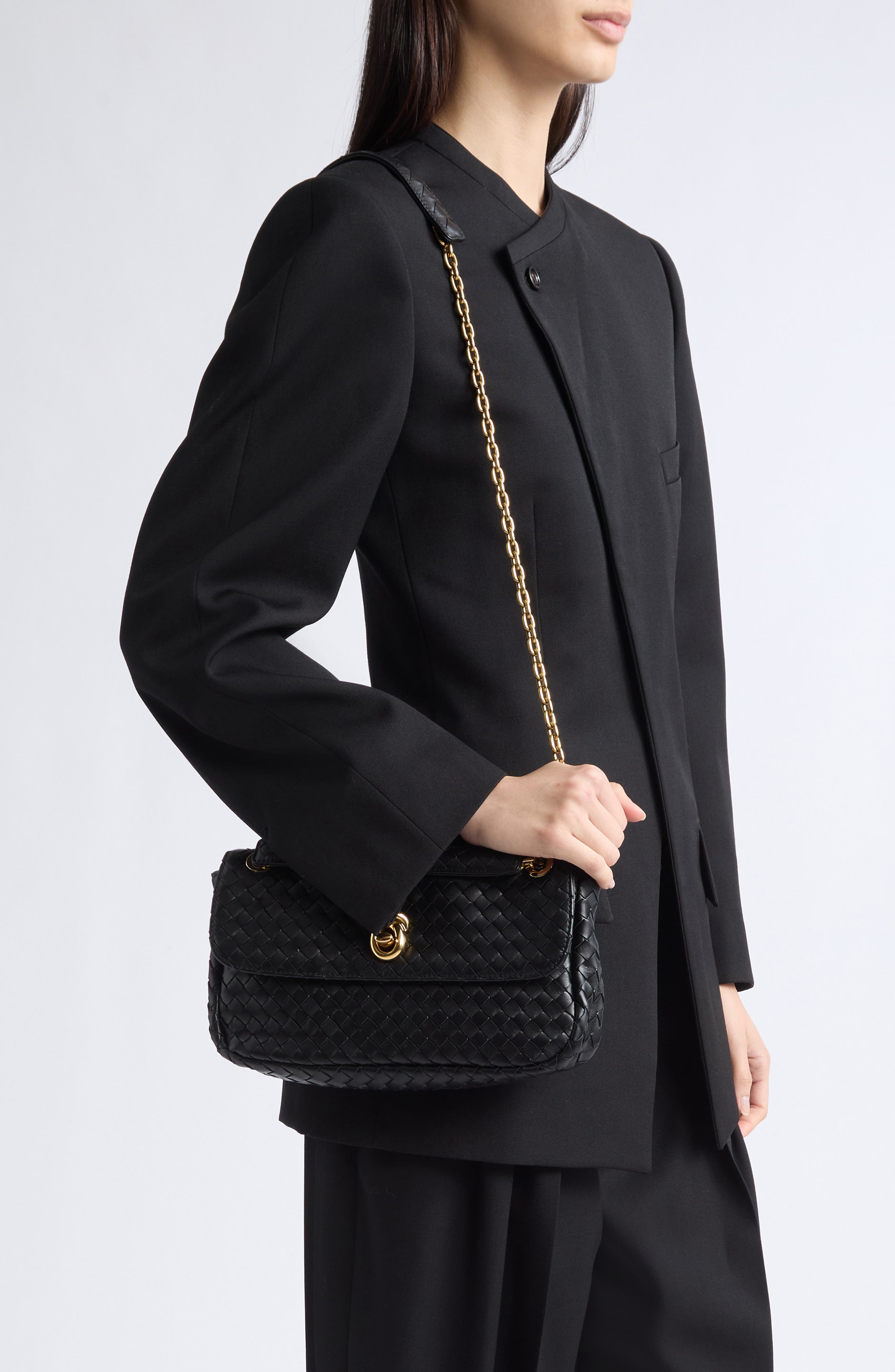 Small Madison Intrecciato Leather Shoulder Bag, Alternate, color, 1019 BLACK-M BRASS