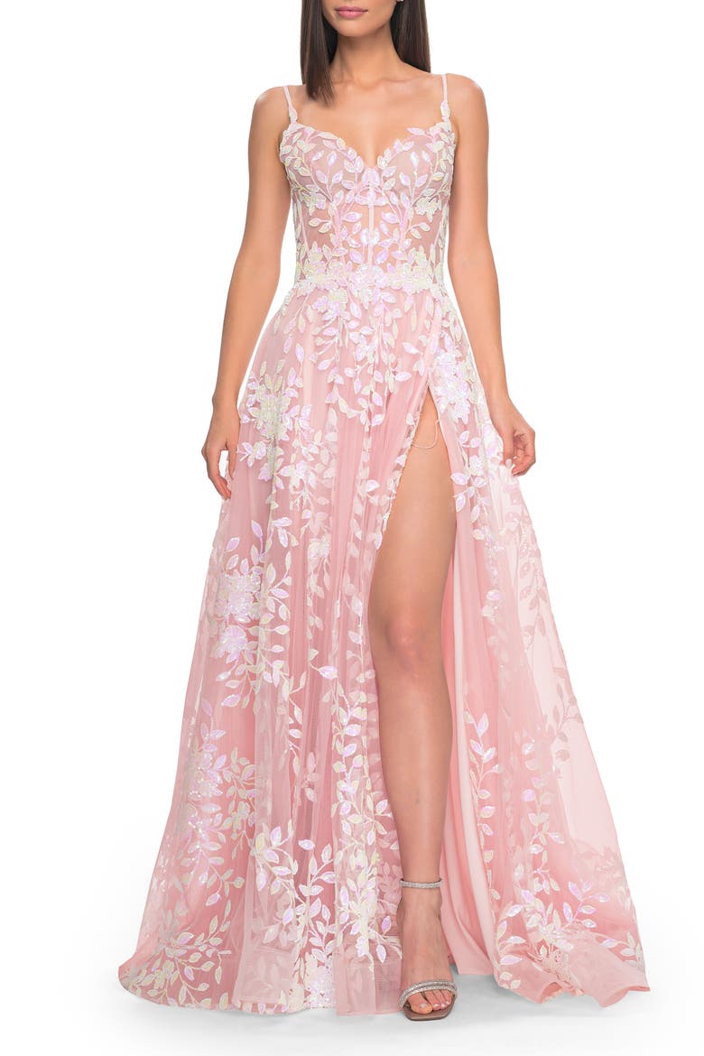 Sequin Lace Print Tulle A-Line Prom Dress with Illusion Bodice, Alternate, color, Pink