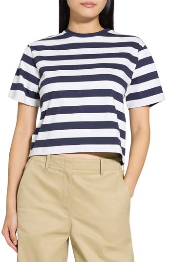 Theory Womens Striped Boxy-fit Pima-cotton T-shirt Navy Multi In Multi
