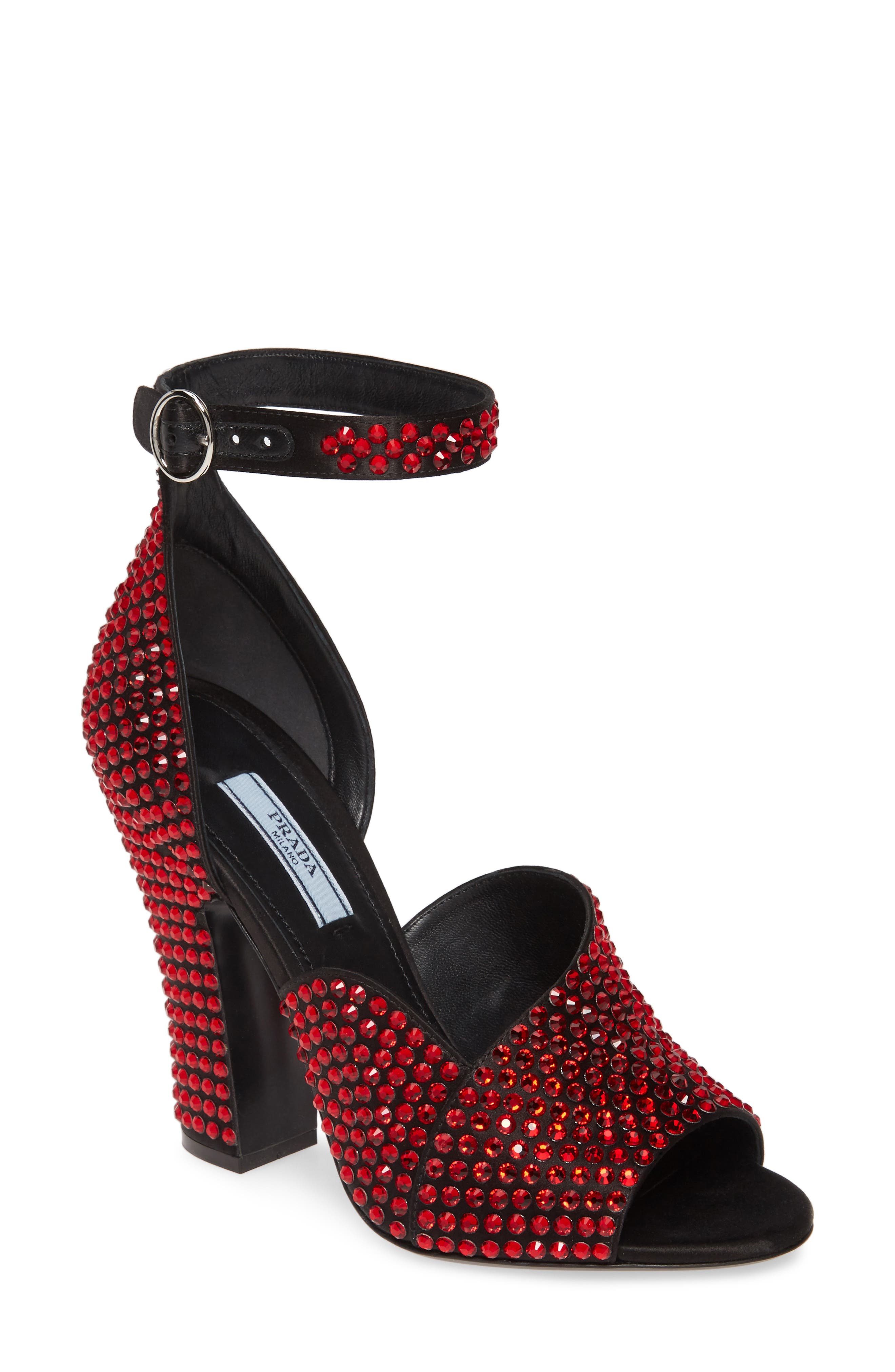 Prada Crystal Ankle Strap Peep Toe Pump, Main, color, 
