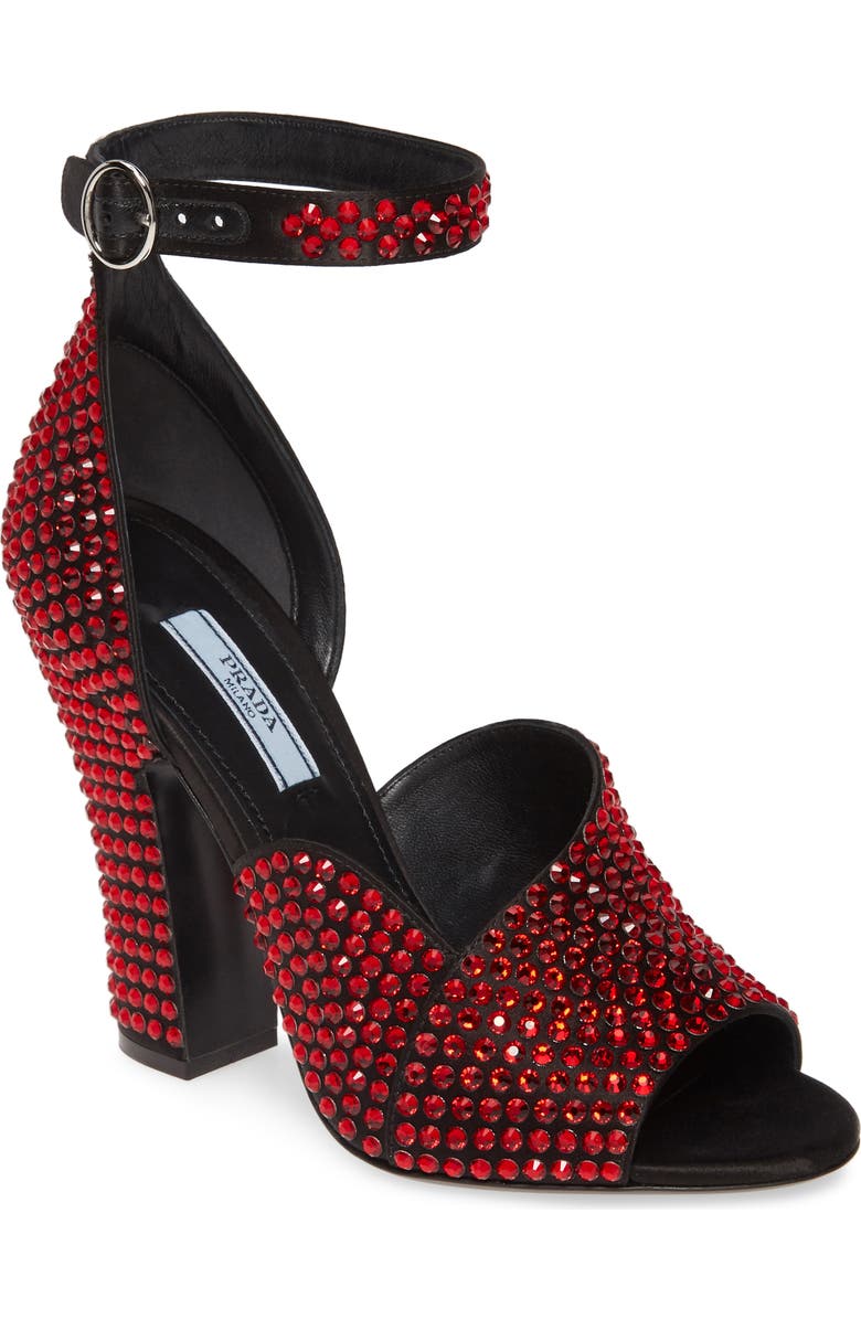 Prada Crystal Ankle Strap Peep Toe Pump, Main, color,