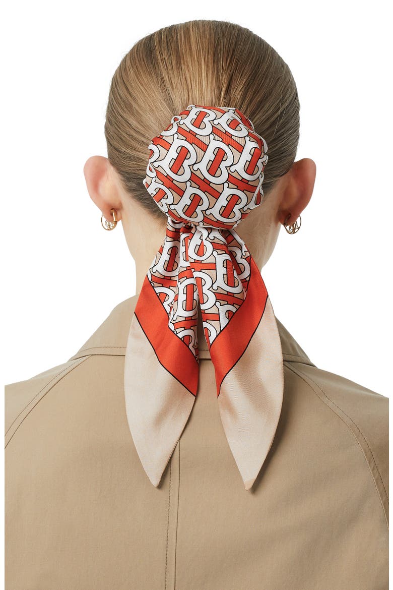 Monogram Print Silk Chignon Scarf, Alternate, color, VERMILLION