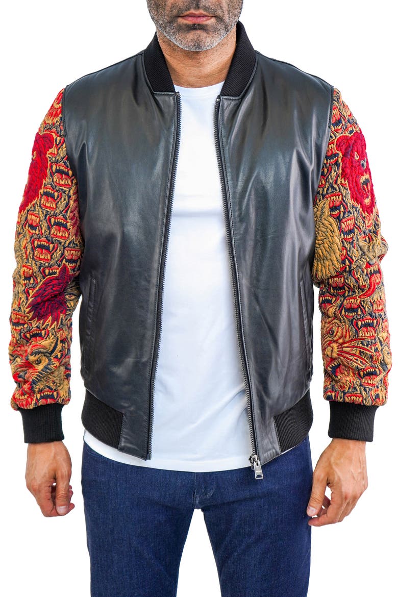 Dragon Sleeve Leather Bomber Jacket, Main, color, BLACK