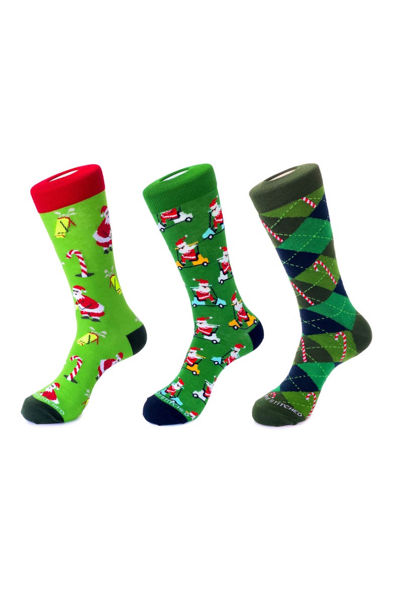 3-Pack Holiday Crew Socks, Main, color, GREEN MULTI