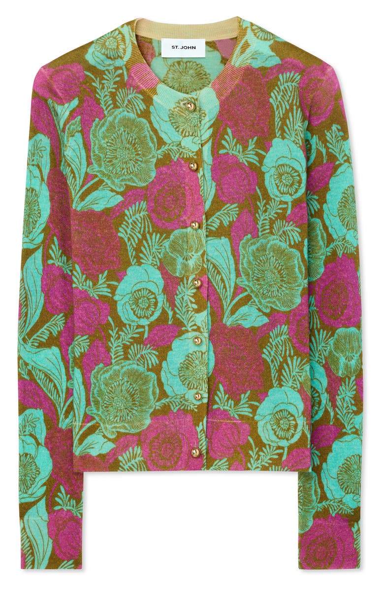 ST. JOHN California Poppy Pattern Merino Wool Cardigan, Alternate, color, 