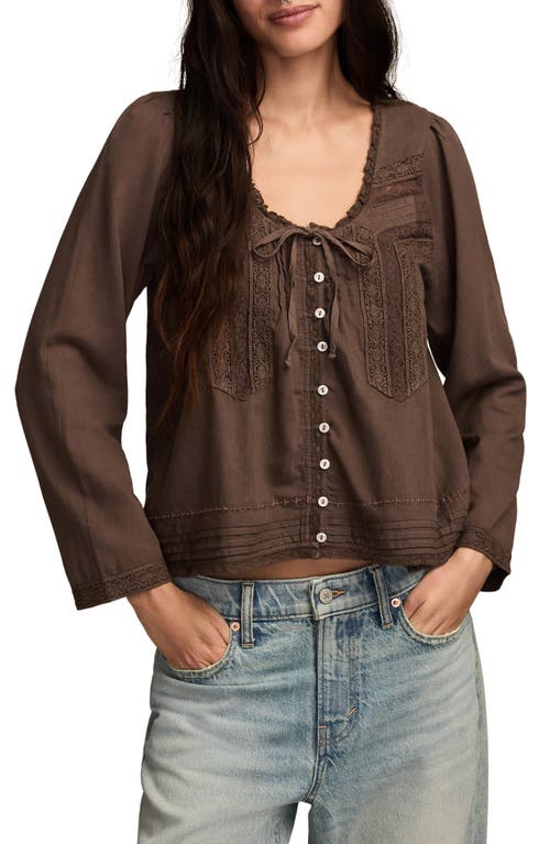 Lucky Brand Lace Trim Long Sleeve Swing Top In Brown