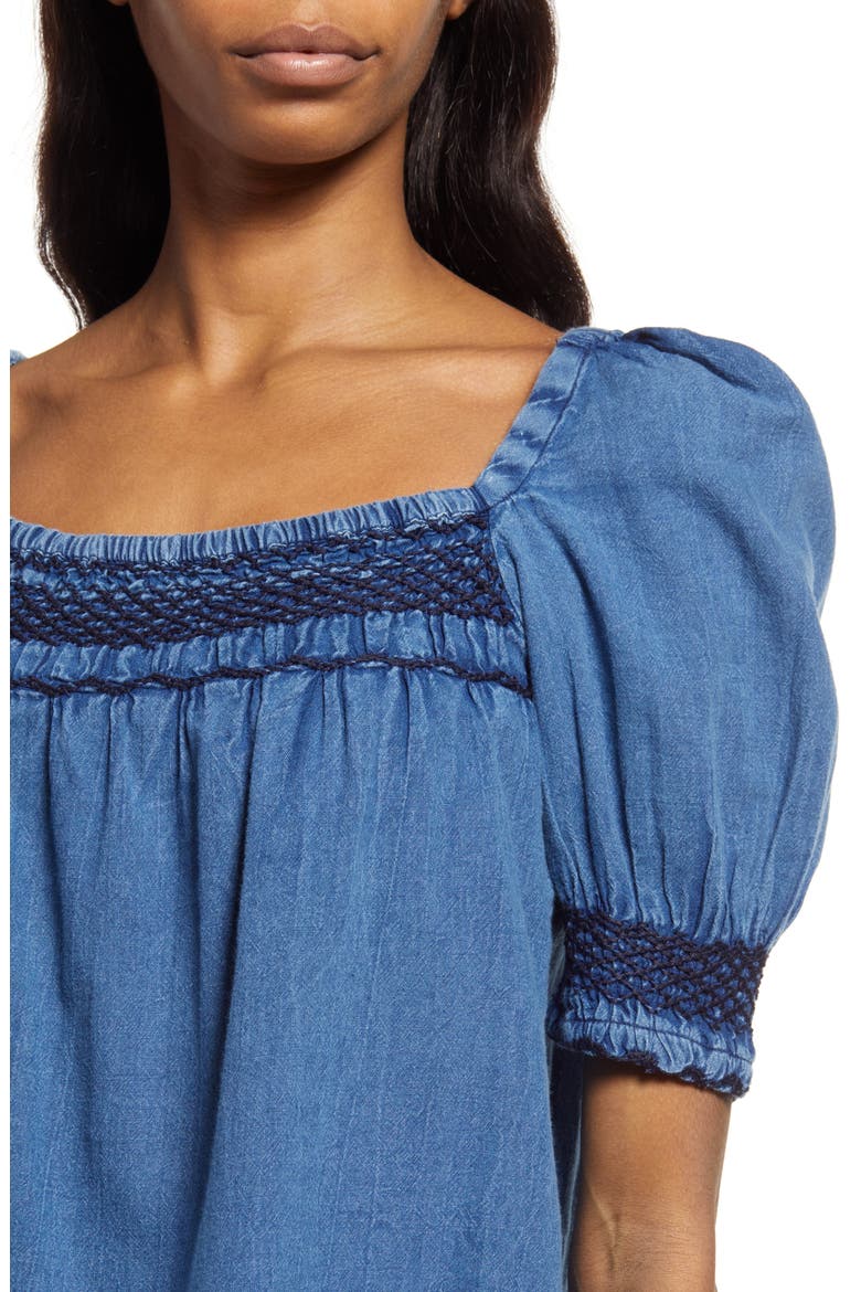 Presley Embroidered Detail Cotton Chambray Top, Alternate, color, DARK INDIGO WASH