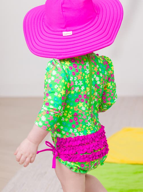 Rufflebutts Toddler Girls Long Sleeve Upf50+ One Piece Rash Guard In Neon Floral