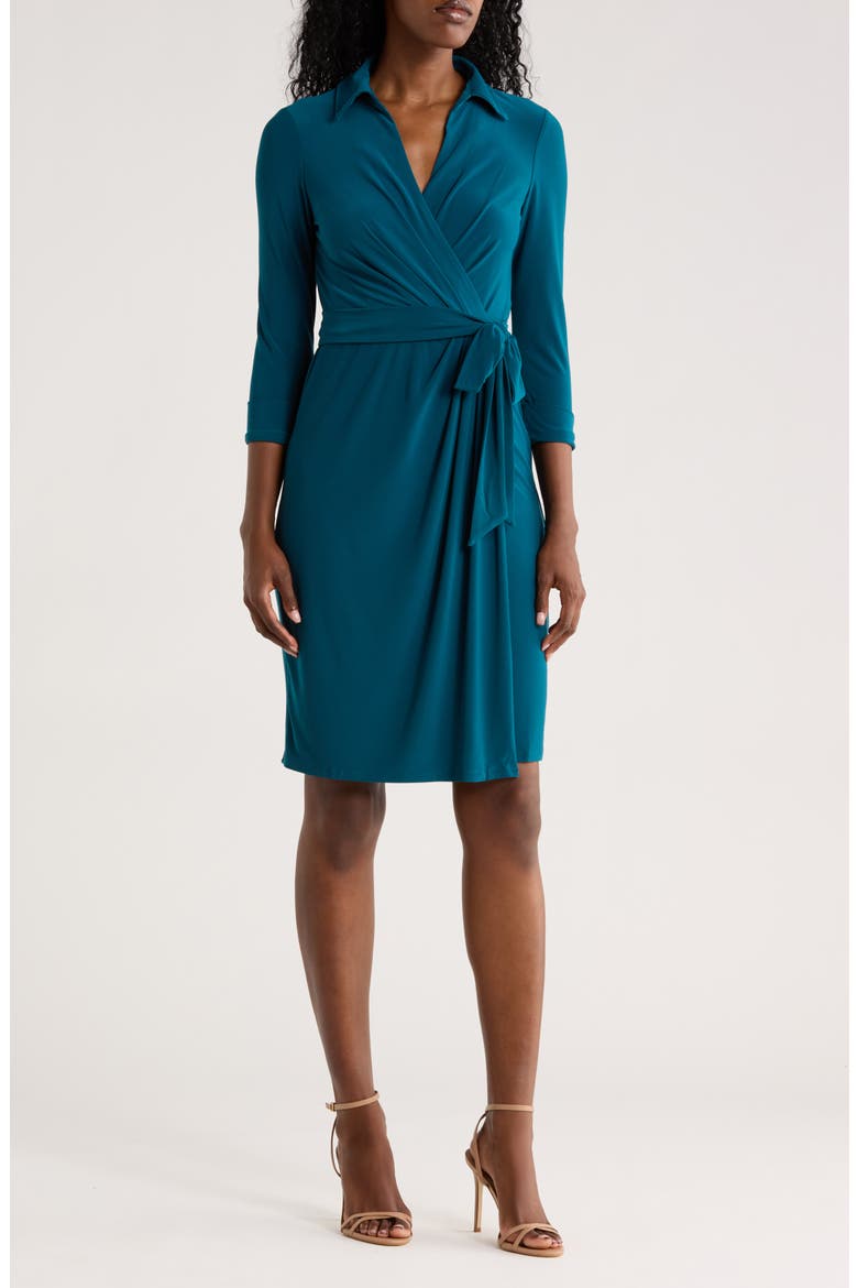 Three-Quarter Sleeve Faux Wrap Dress, Main, color, PEACOCK