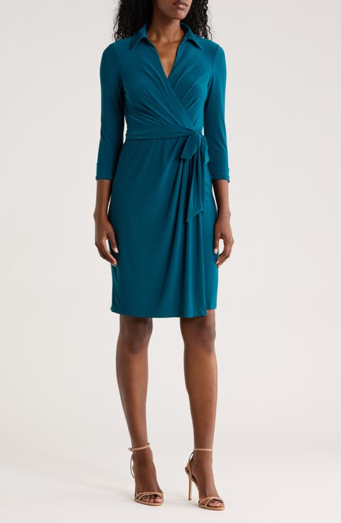 Three-Quarter Sleeve Faux Wrap Dress