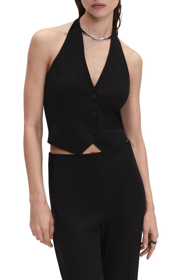 Halter Neck Crop Waistcoat, Main, color, BLACK