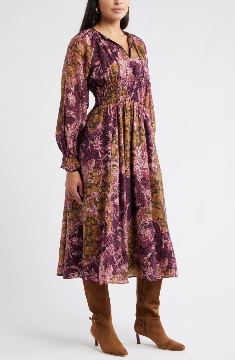 Chelsea28 Long Sleeve Smocked Waist Midi Dress, Alternate, color, Purple- Yellow Paisley Patch