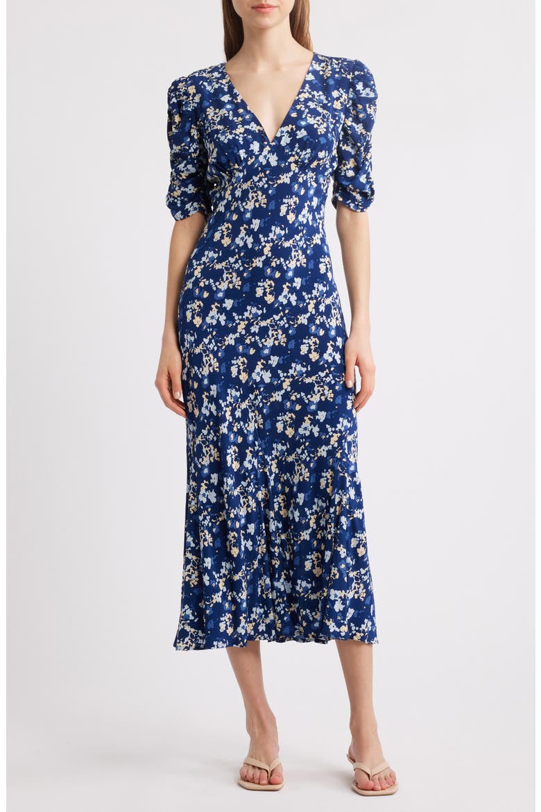 Zariah Floral Puff Sleeve Midi Dress, Main, color, NAVY FLORA