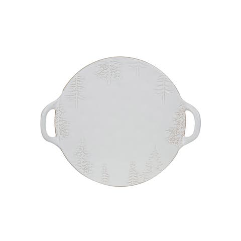 Debossed Stoneware Tray/Platter with Trees & Handles in Reactive Glaze, White