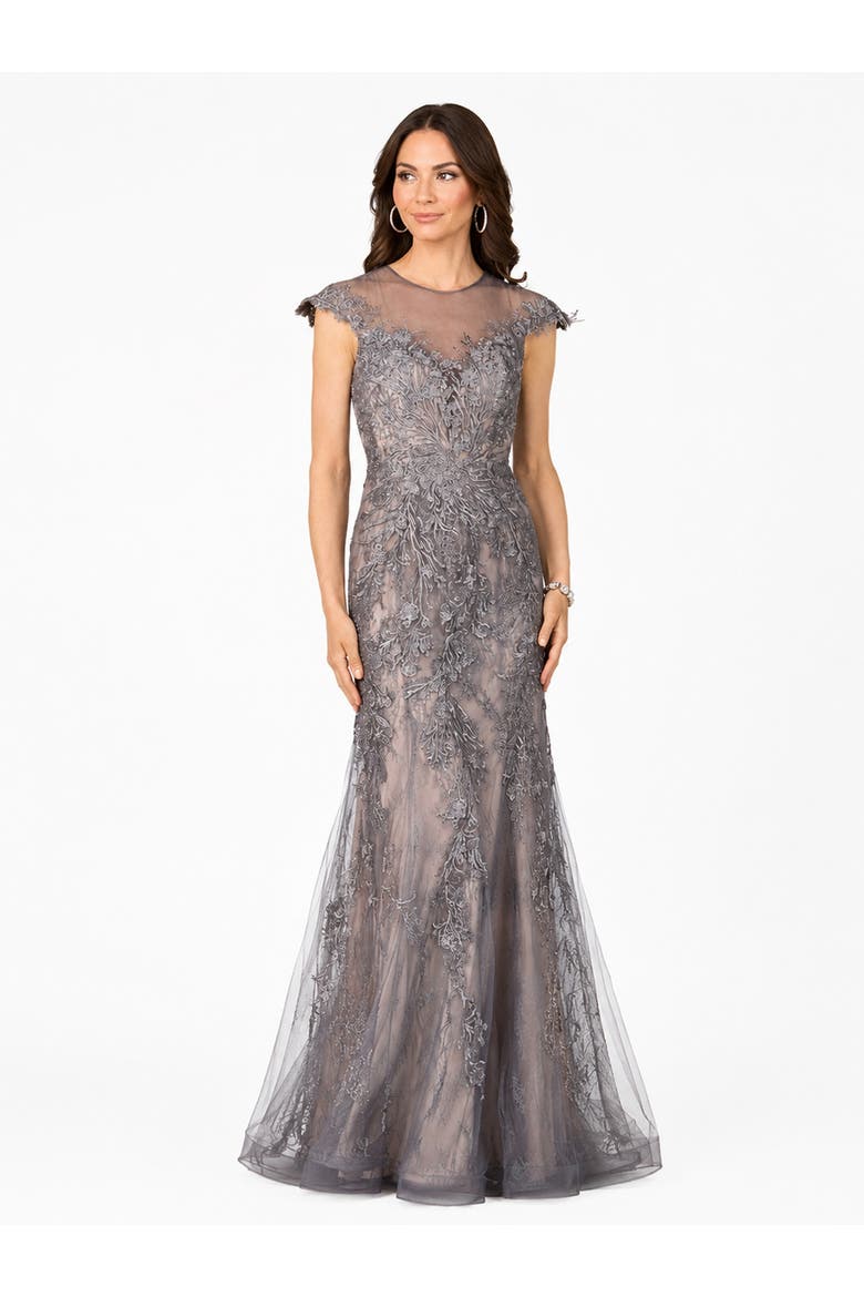 Sheath Lace Gown with Cap Sleeves, Alternate, color, Charcoal