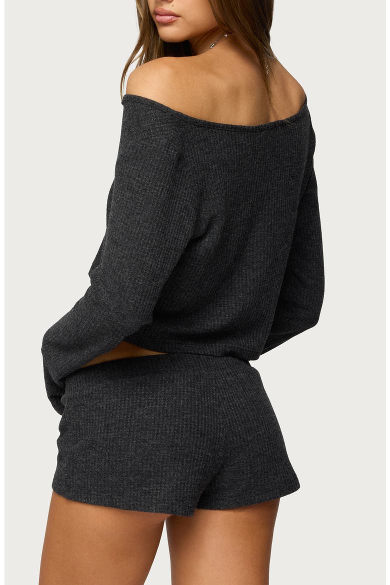 Teddy Off the Shoulder Waffle Knit Crop Top, Alternate, color, BLACK