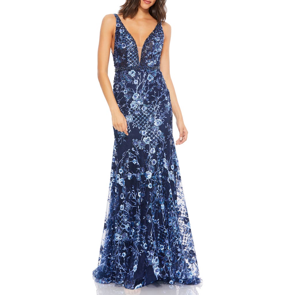 MAC DUGGAL MAC DUGGAL FLORAL EMBELLISHED SLEEVELESS PLUNGE NECK GOWN