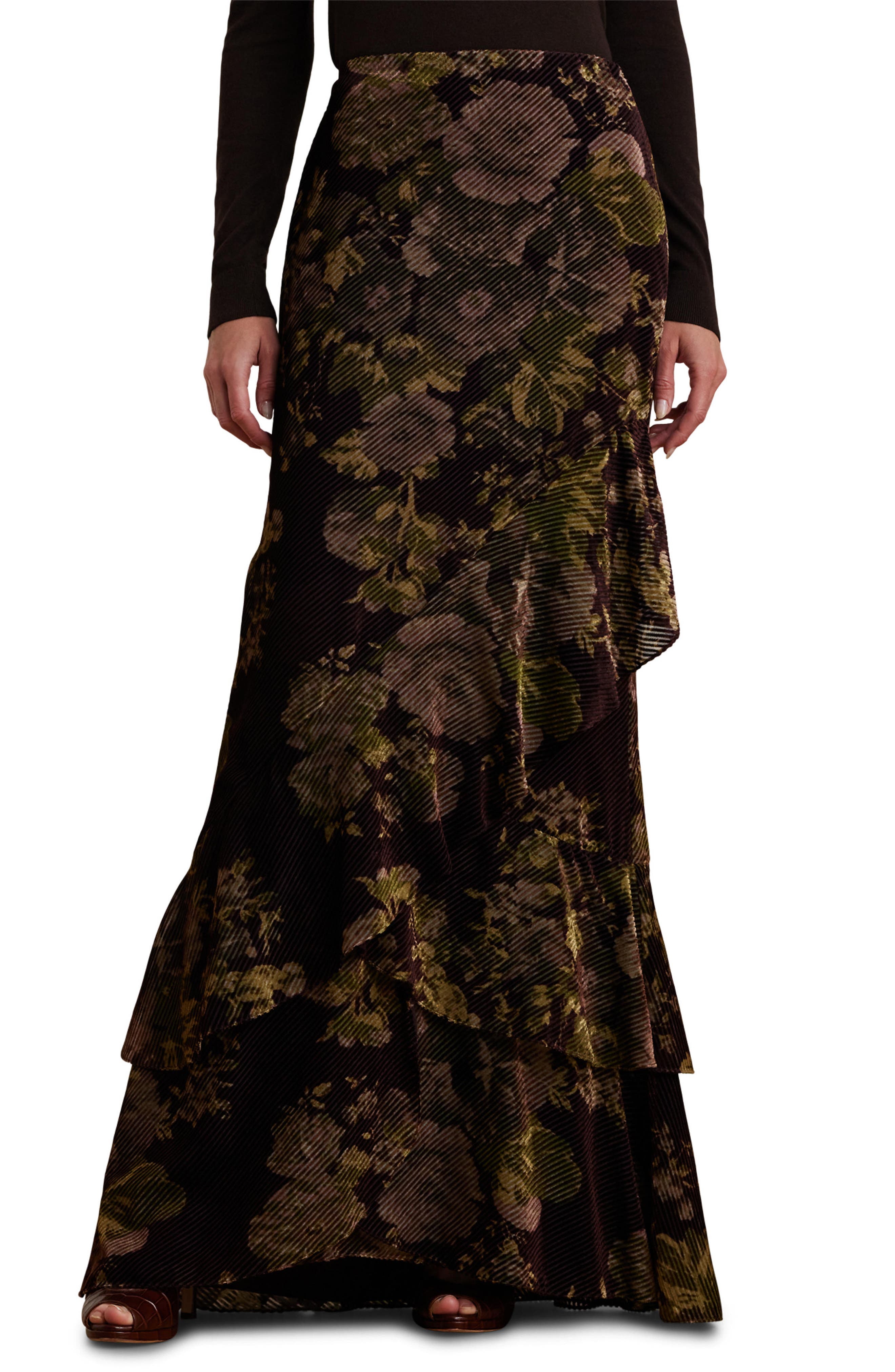 Lauren Ralph Lauren Floral Burnout Velvet Tiered Maxi Skirt