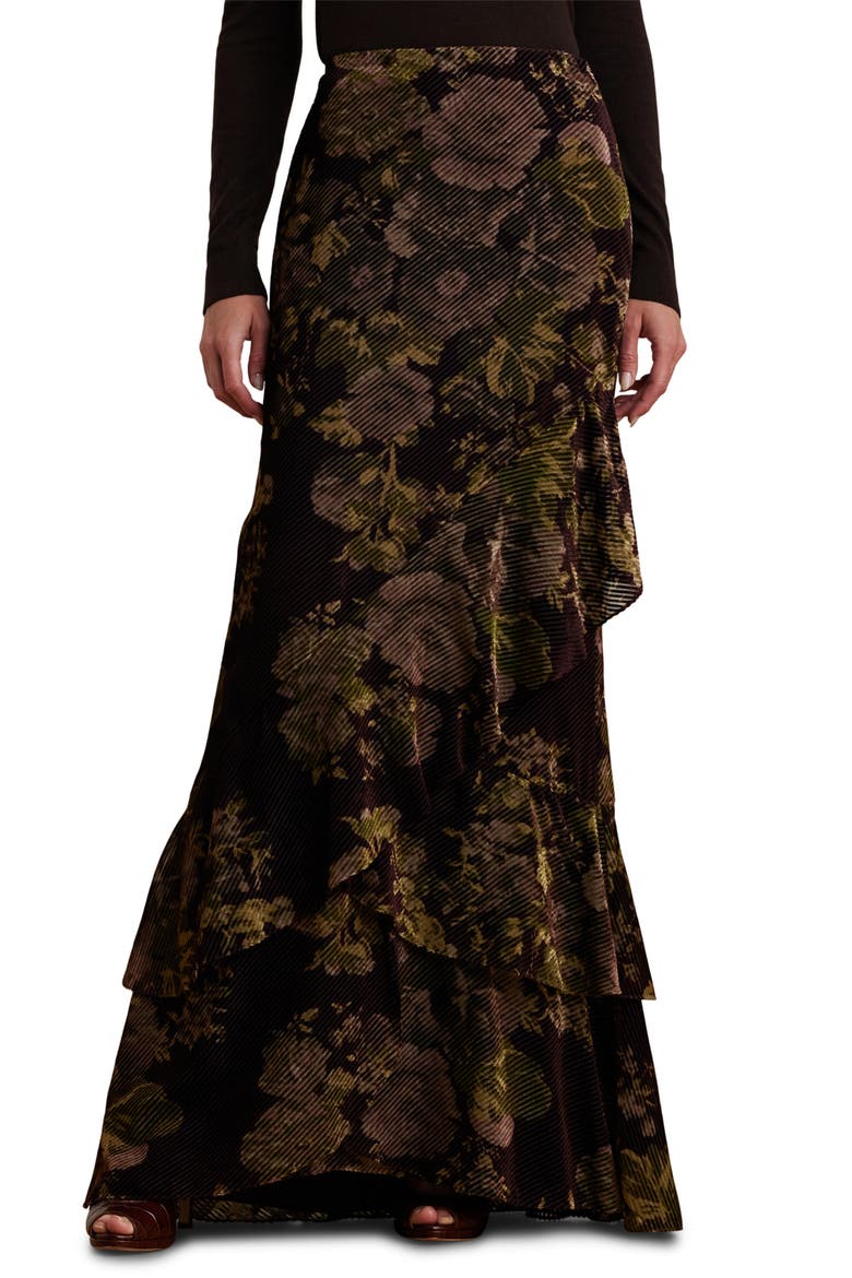Floral Burnout Velvet Tiered Maxi Skirt, Main, color, BURGUNDY MULTI