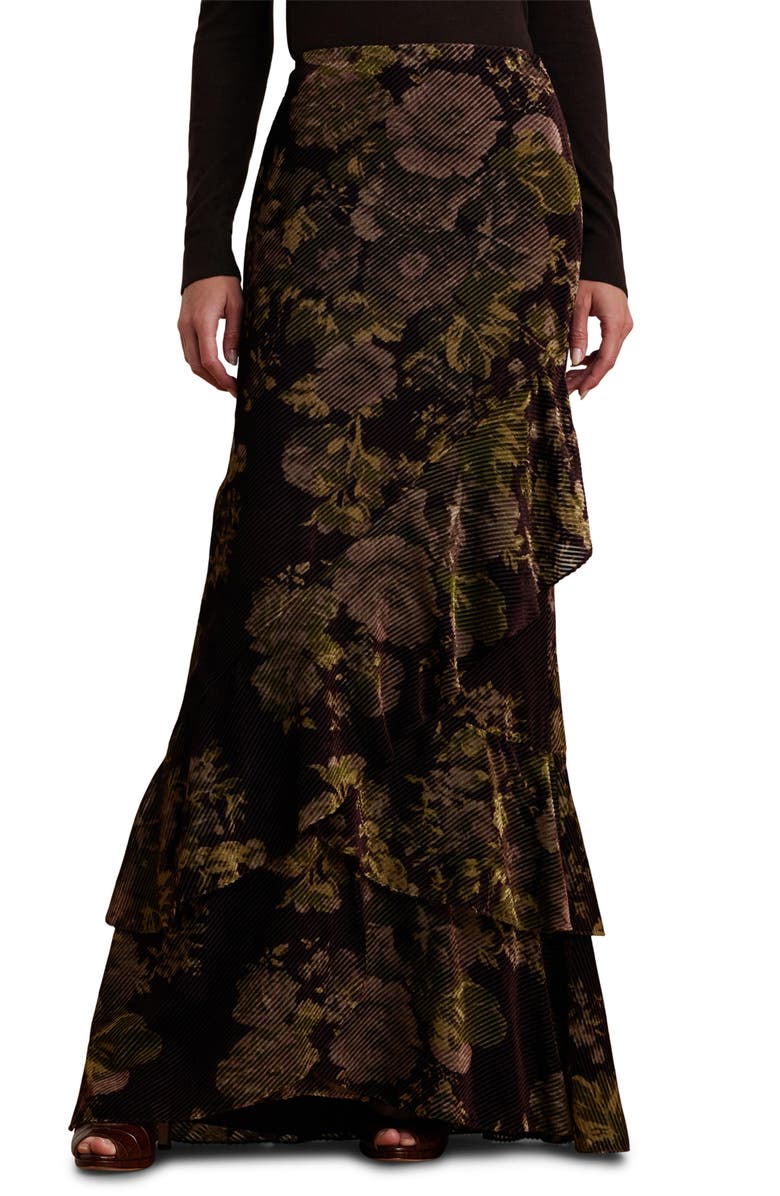Lauren Ralph Lauren Floral Burnout Velvet Tiered Maxi Skirt, Main, color, Burgundy Multi