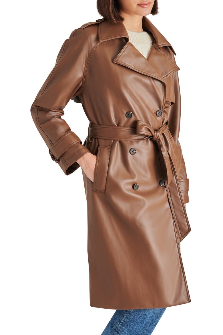 Ilia Faux Leather Trench Coat, Alternate, color, DARK BROWN