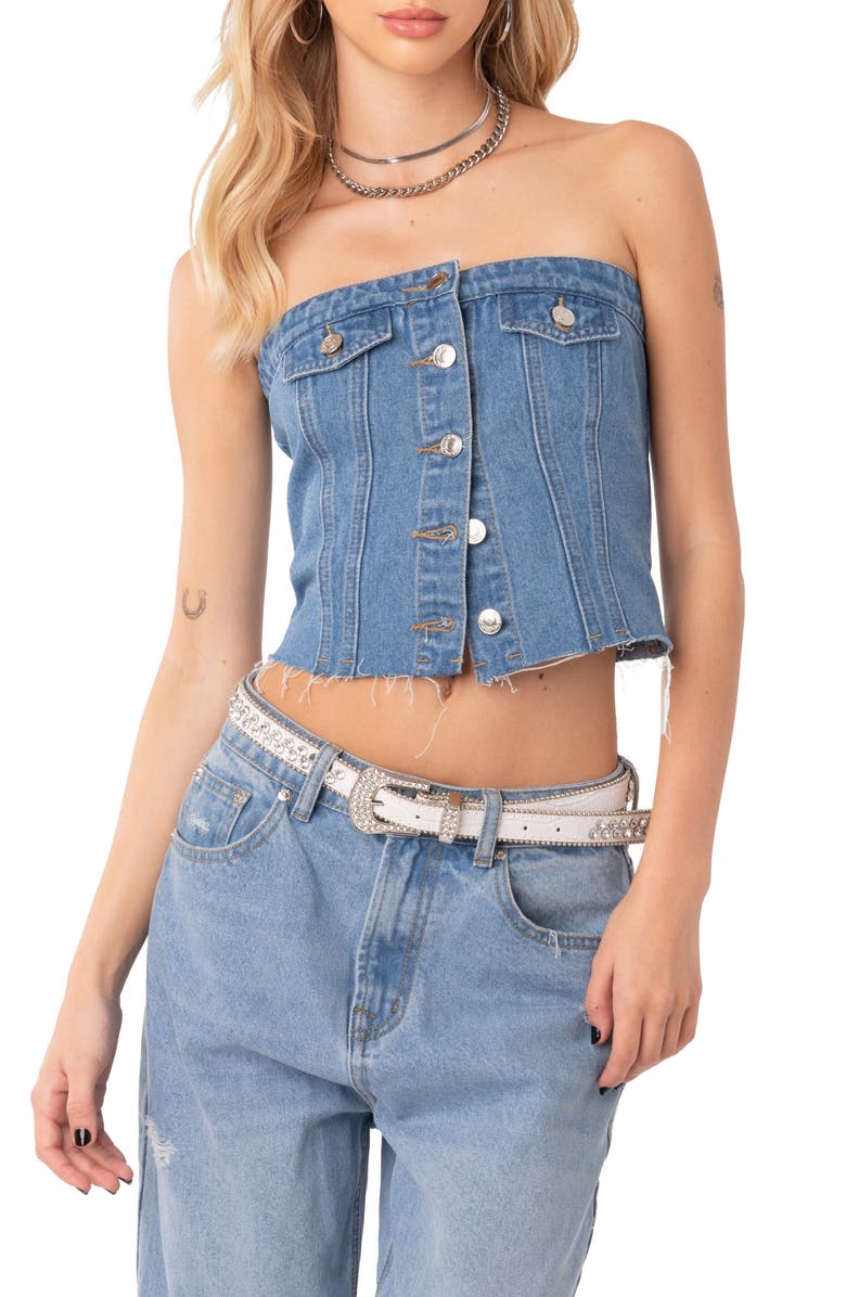 EDIKTED River Strapless Denim Crop Top, Main, color, 