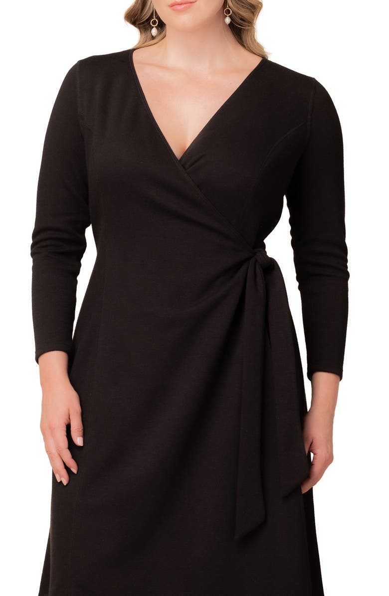 Kiyonna London Wrap Sweater Dress, Alternate, color, Black Noir