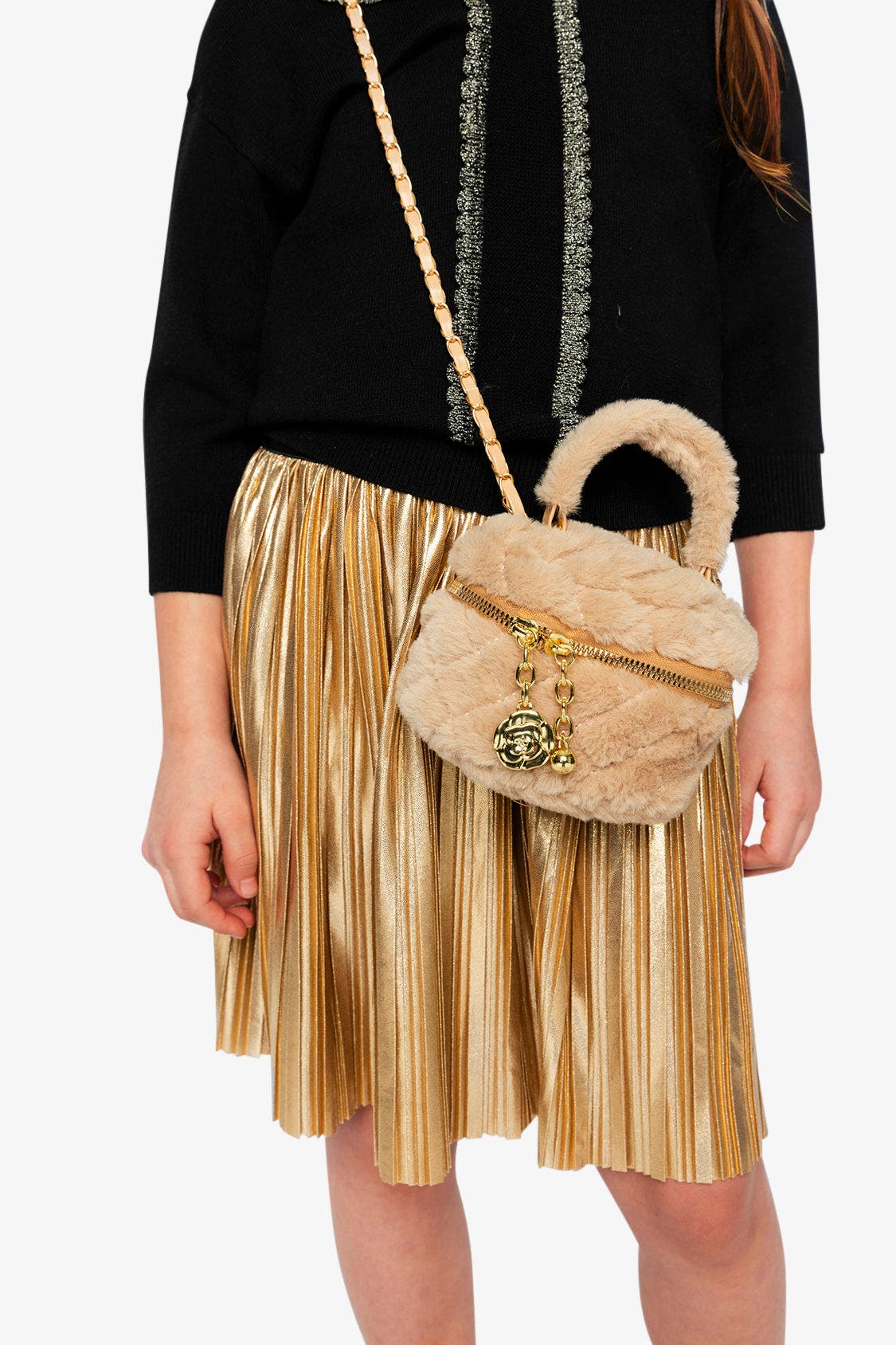 Quilted Faux Fur Chain Strap Zipper Small Bag, Alternate, color, Beige
